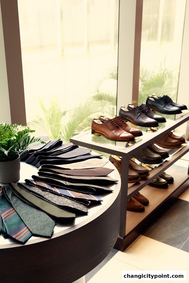A display of men's ties and dress shoes in a retail store.