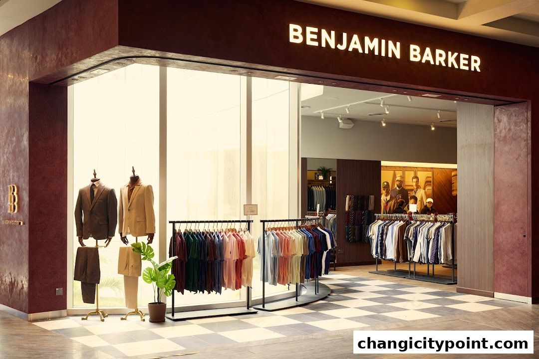 Benjamin Barker store entrance showcasing suits on mannequins and racks of shirts.
