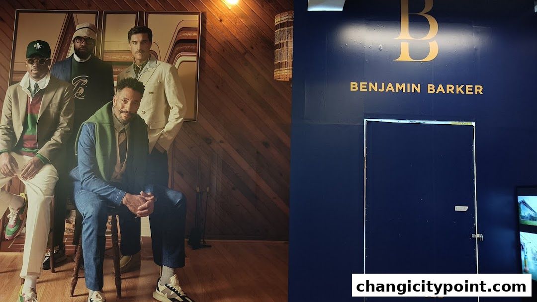 Benjamin Barker store entrance with 'Opening Soon' sign and a fashion advertisement.