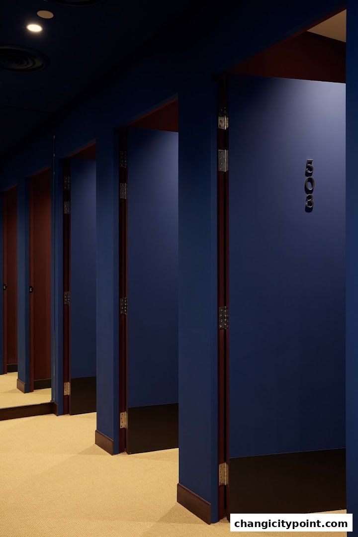 A row of dark blue fitting rooms with maroon trim and beige carpet.