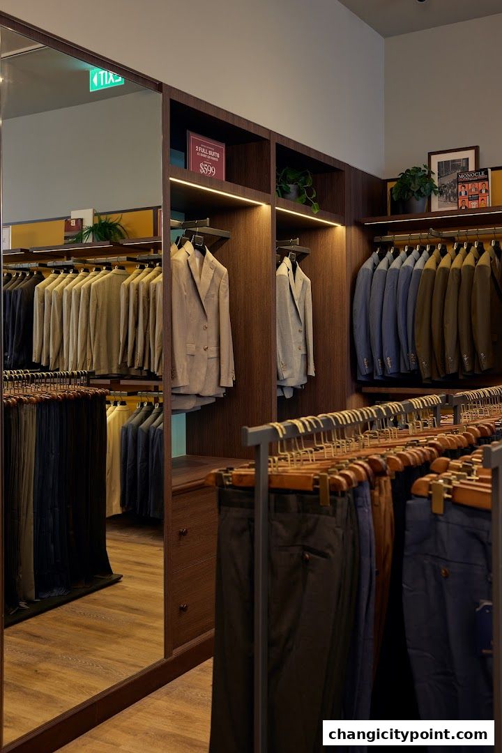 Interior view of a well-lit men's clothing store with suits and trousers on display.