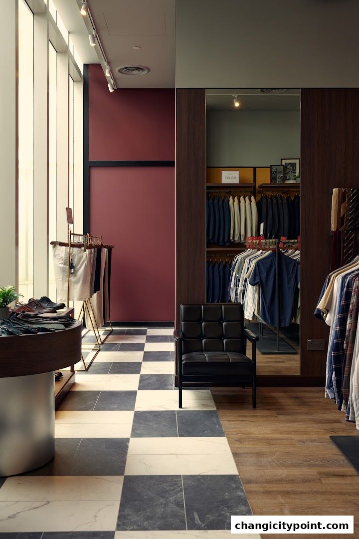 Interior of a men's clothing store with suits, shirts, and accessories displayed.