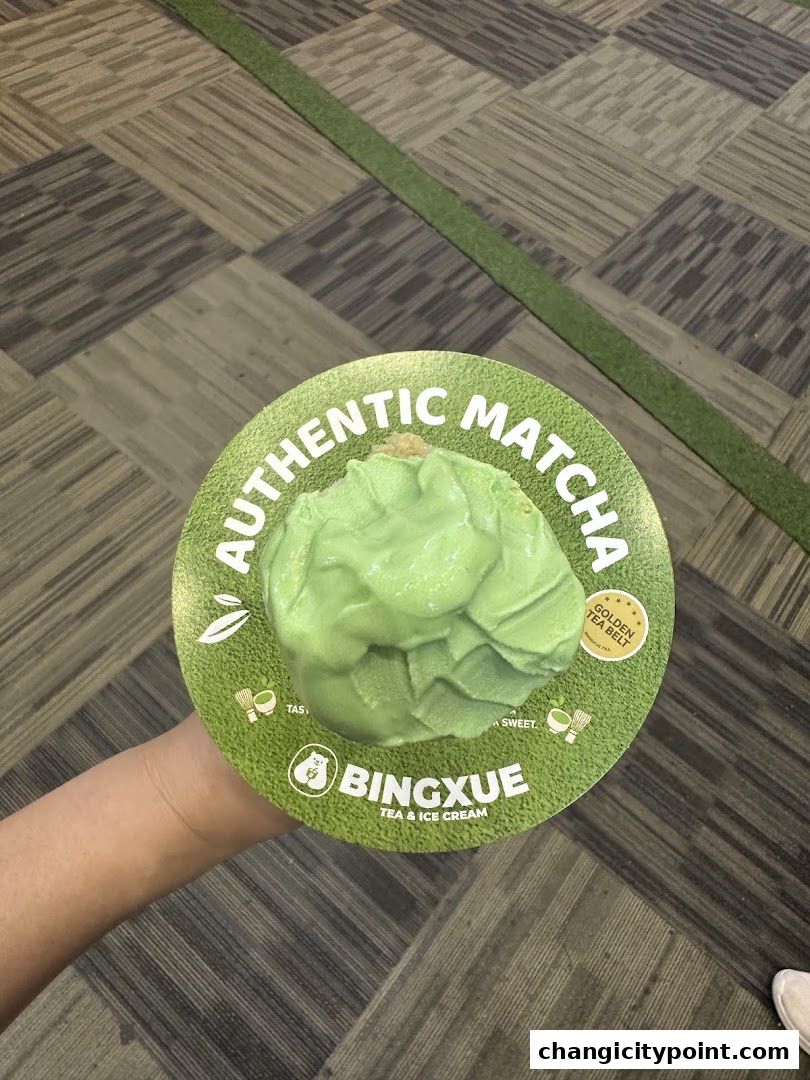 A hand holds a cup of authentic matcha ice cream from BingXue Tea & Ice Cream.