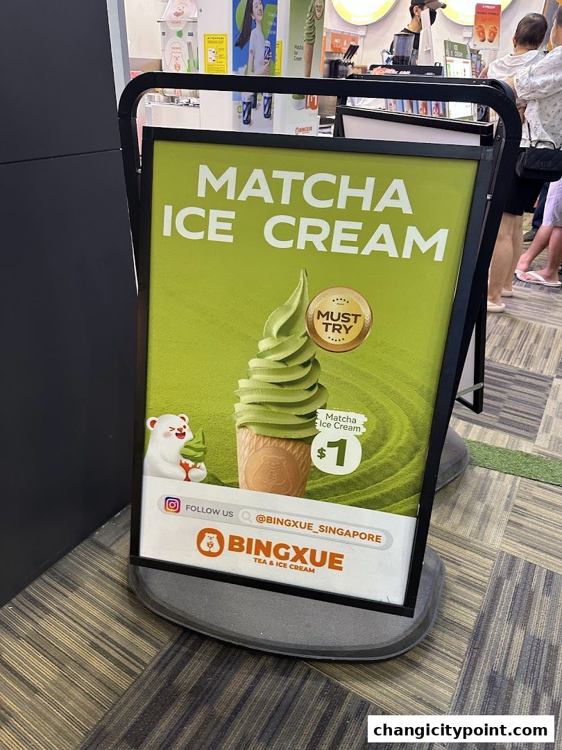 A sign advertising BingXue's Matcha Ice Cream for $1.