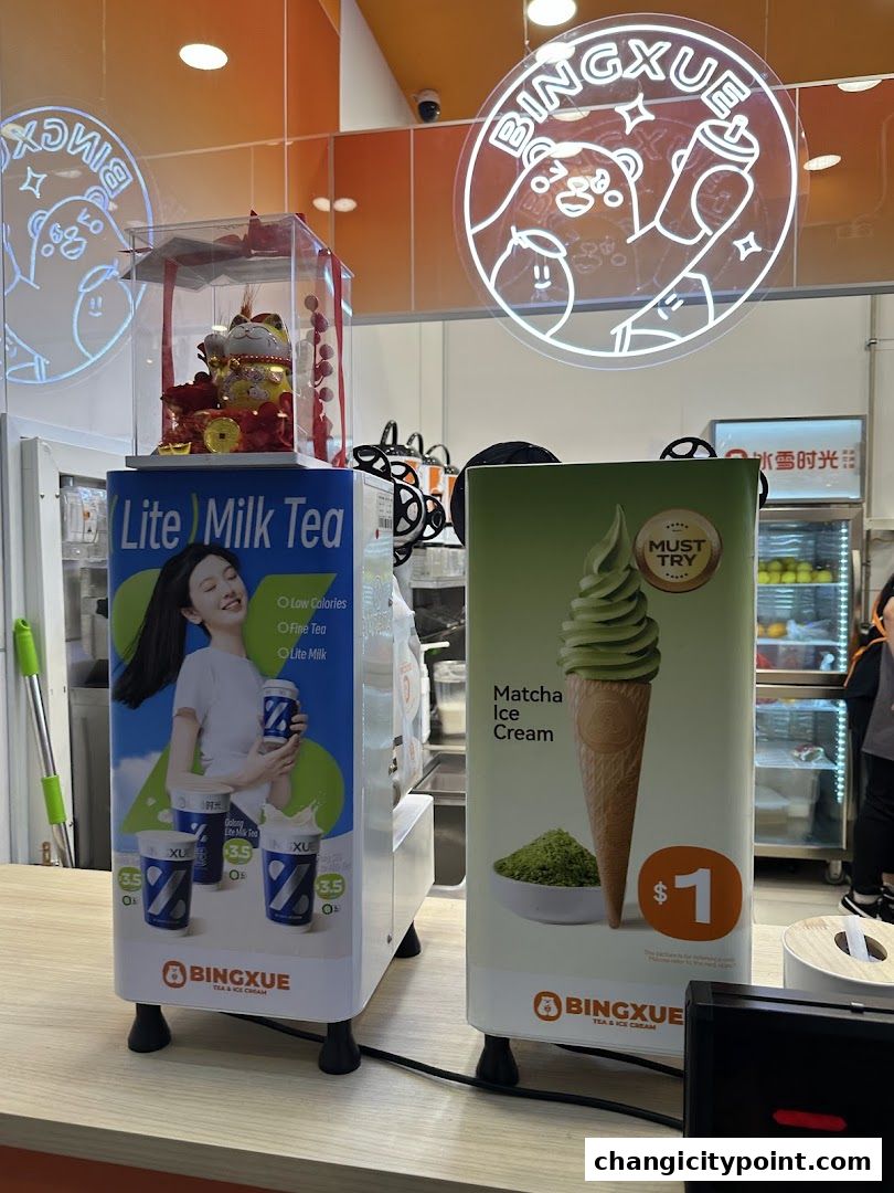 BingXue Tea & Ice Cream shop display featuring Lite Milk Tea and Matcha Ice Cream.
