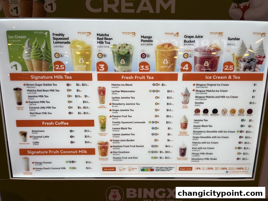 A menu board displaying various ice cream, milk tea, fresh fruit tea, coffee, and smoothie options.