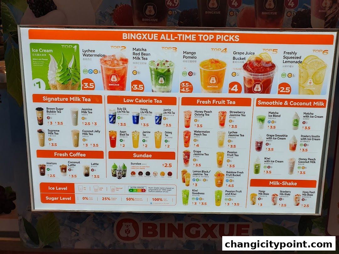 A menu board displaying various ice cream, tea, coffee, and milkshake options with prices.