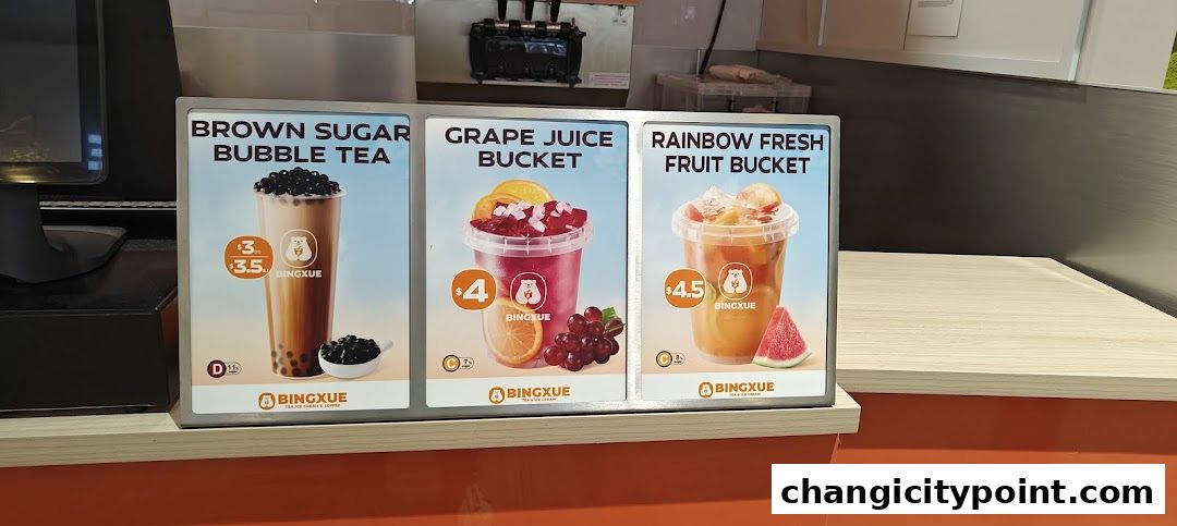 A display of three refreshing drinks from BingXue Tea Ice Cream Changi City Point.