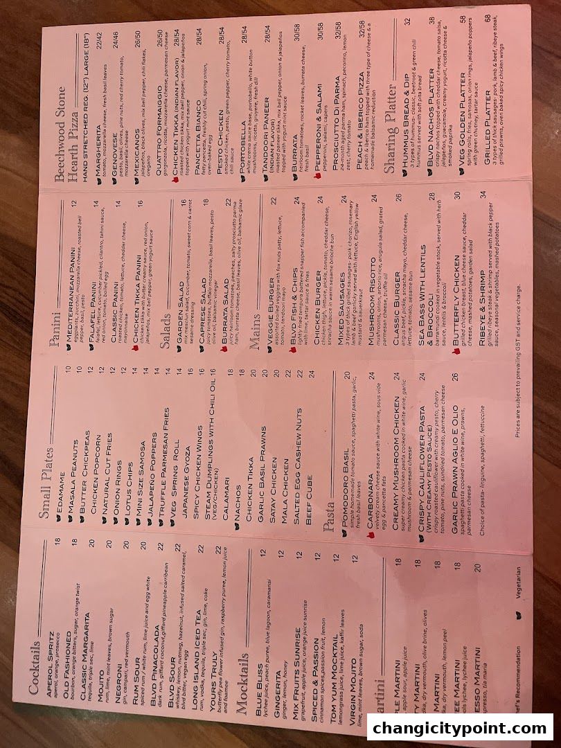 A menu from BLVD Changi featuring cocktails, small plates, paninis, salads, mains, pasta, and sharing platters.