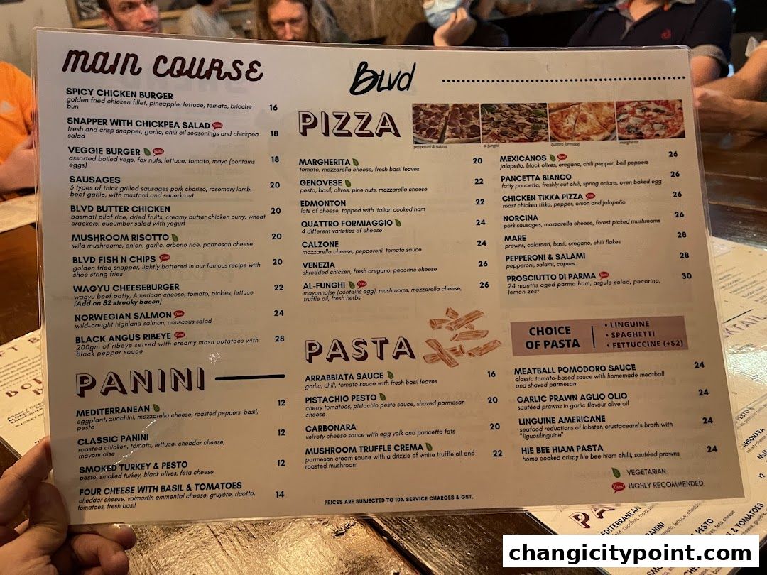 A menu from BLVD Changi featuring main courses, pizzas, pastas, and paninis.