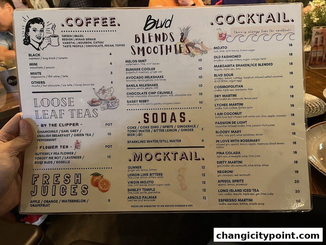 A menu featuring coffee, smoothies, cocktails, teas, sodas, mocktails, and fresh juices.