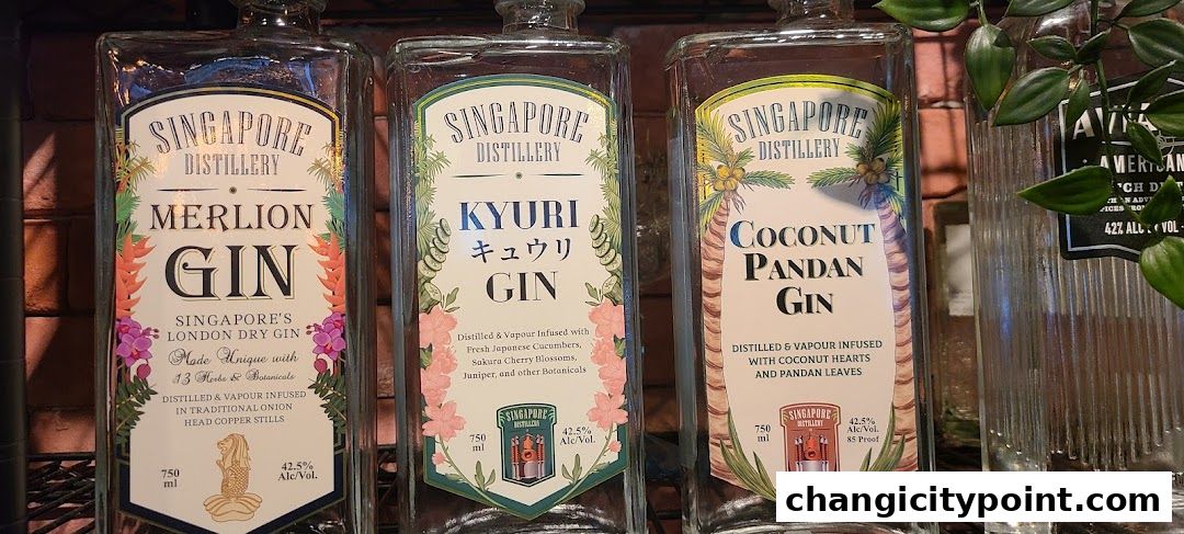 Three bottles of Singapore Distillery gin: Merlion, Kyuri, and Coconut Pandan.