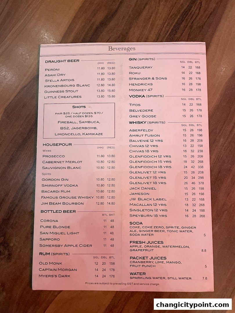 A menu featuring a wide selection of beverages including draught beer, spirits, bottled beer, and house pours.