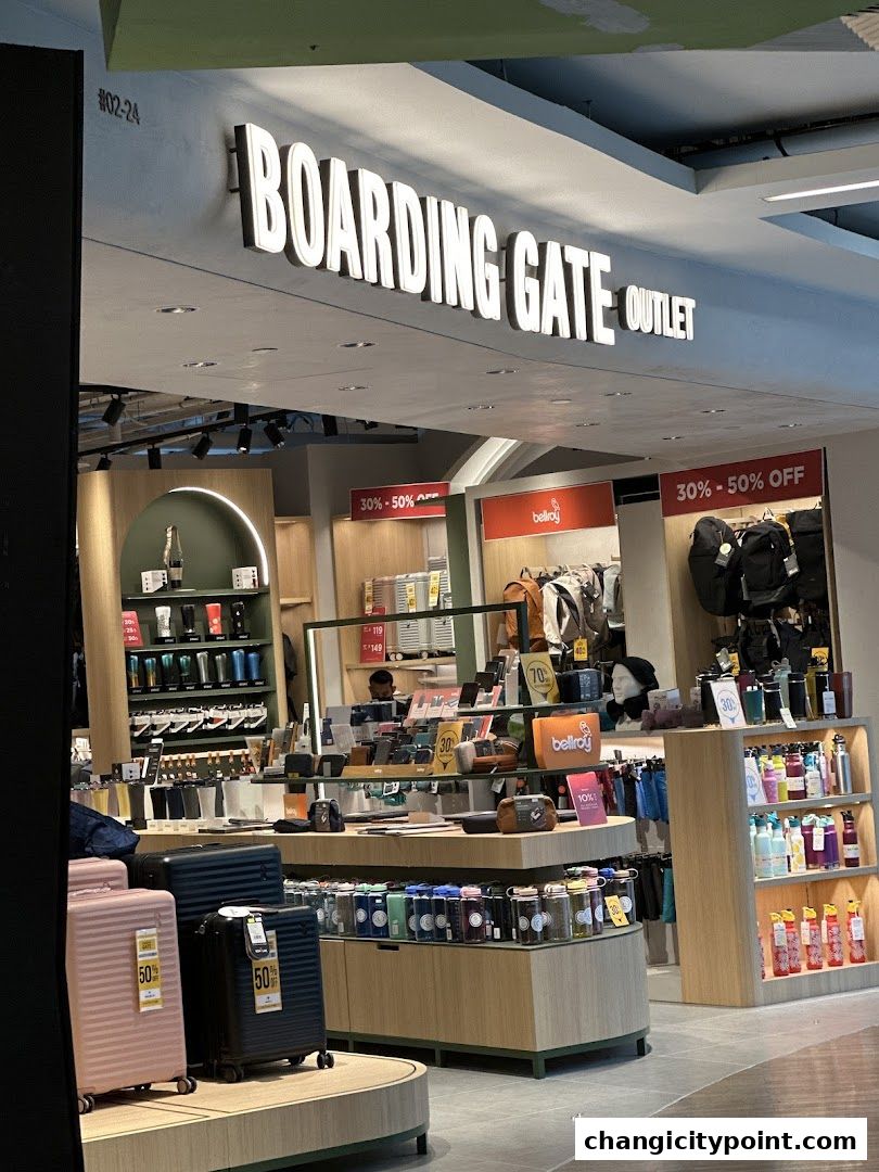 Boarding Gate Outlet shop displaying luggage, bags, and travel accessories with sale signs.