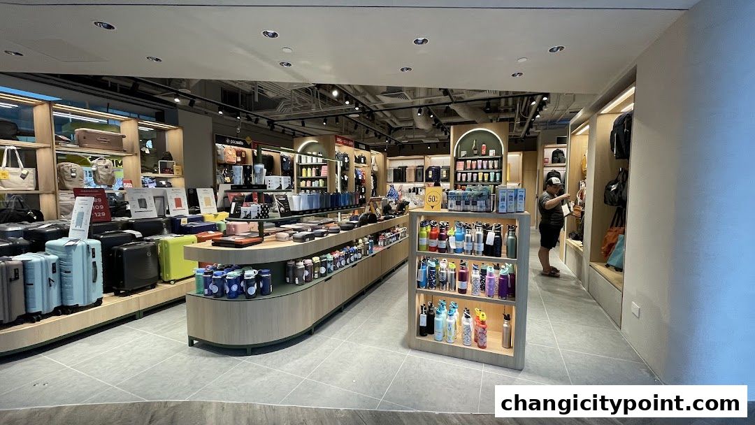 Interior view of a retail store displaying luggage, water bottles, and other travel accessories.
