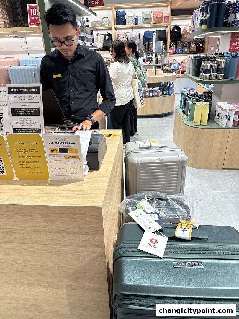 A store employee assists customers at a counter with luggage displayed.