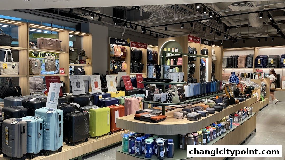 Interior view of a retail store showcasing a wide selection of luggage, backpacks, and travel accessories.