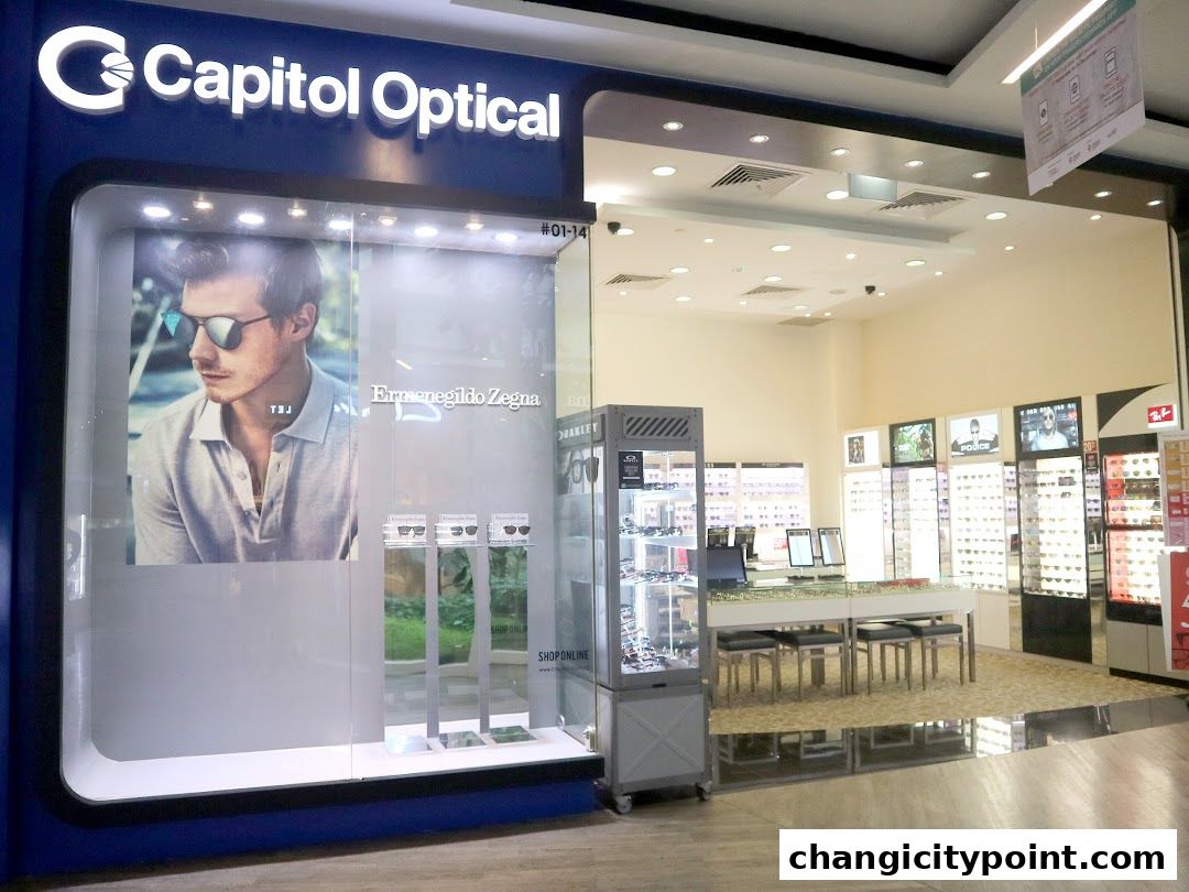 Capitol Optical shop front with a display of sunglasses and eyewear inside.