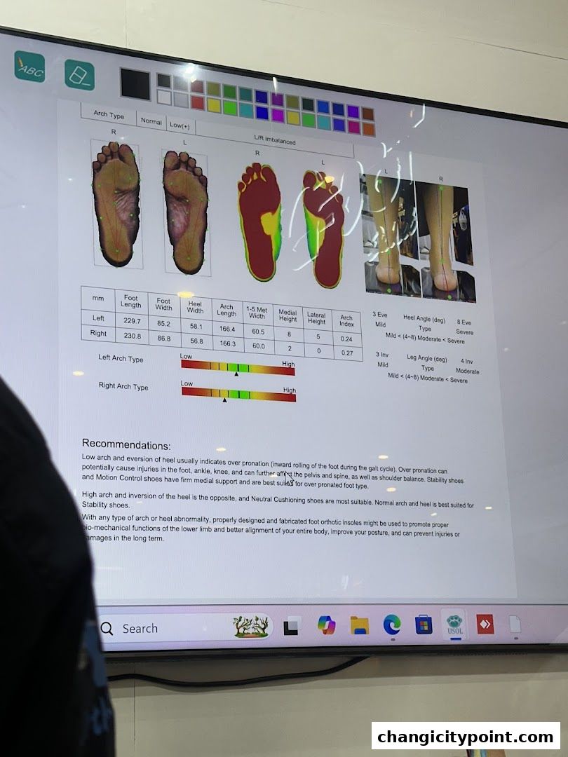 A digital foot scan analysis showing arch type, measurements, and recommendations.