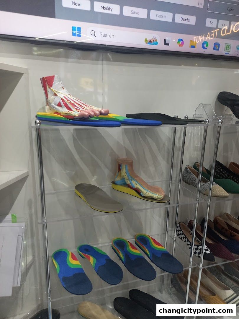 Display of anatomical foot models and various insoles and shoes.