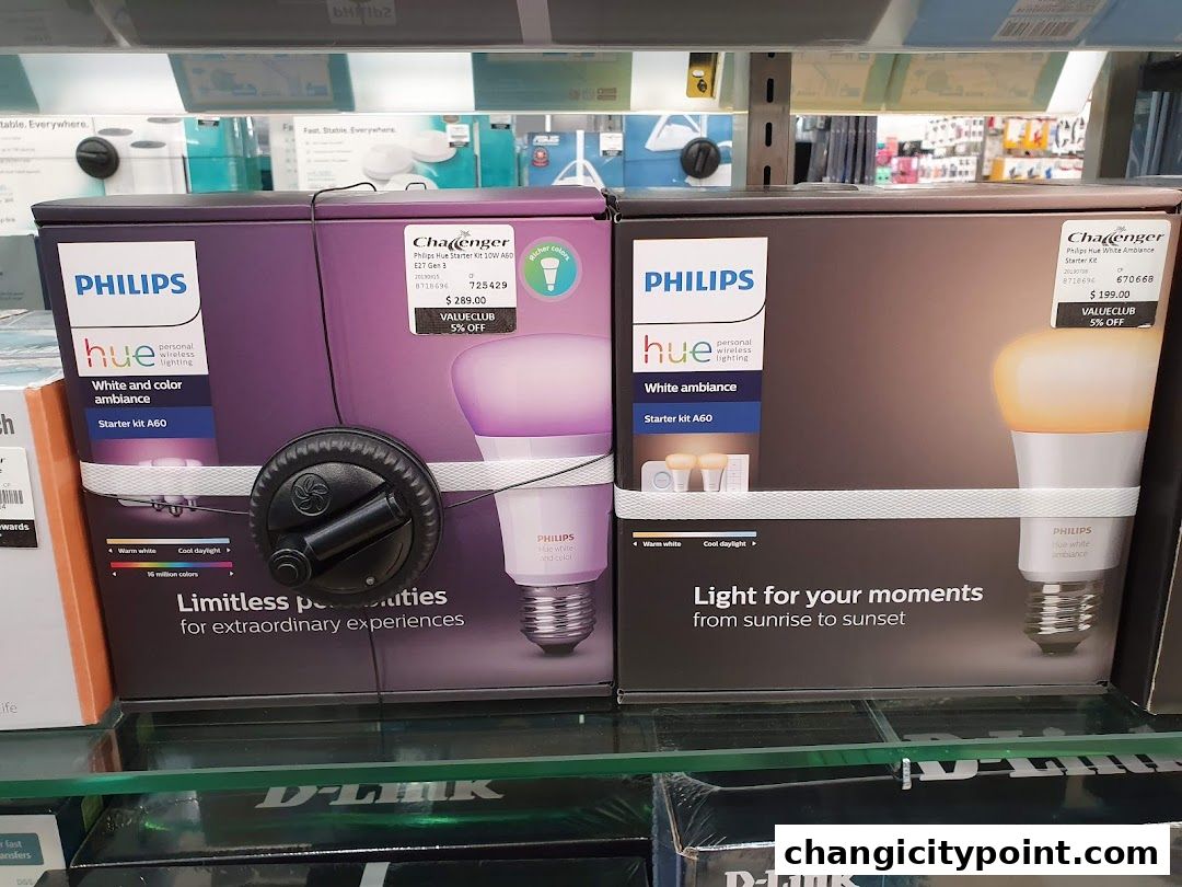 Philips Hue smart lighting starter kits displayed in retail packaging at Challenger.