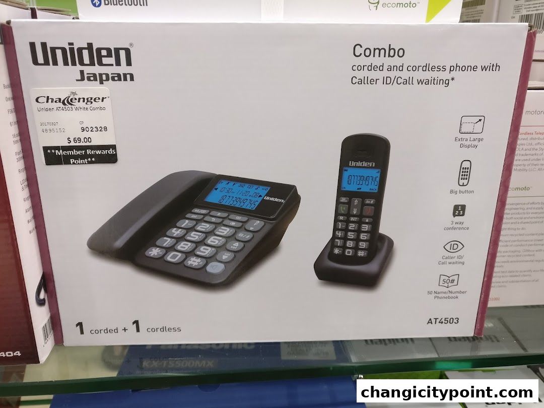 Box of a Uniden Japan corded and cordless phone with Caller ID and Call Waiting.