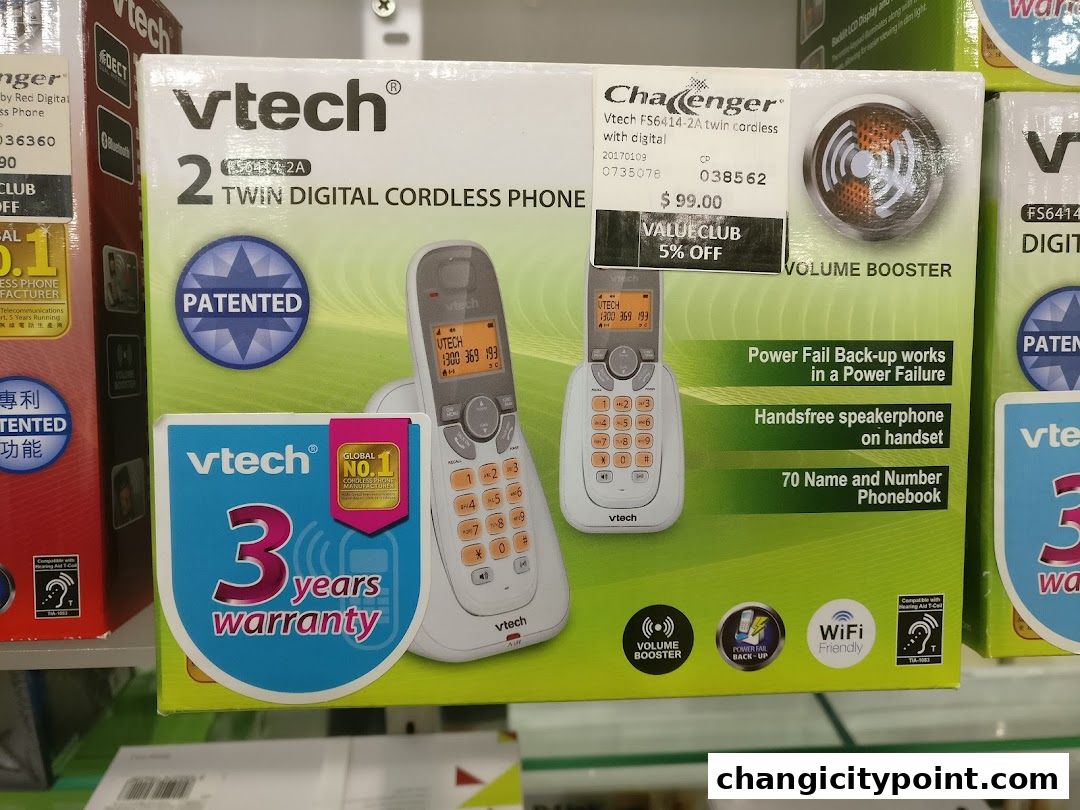 Box of Vtech 2 Twin Digital Cordless Phone with features like Power Fail Back-up and 3 years warranty.
