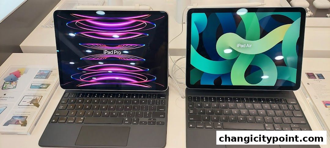 Two iPads, an iPad Pro and an iPad Air, are displayed with their keyboards.