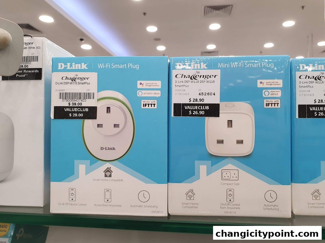 Product display of D-Link Wi-Fi smart plugs at Challenger.