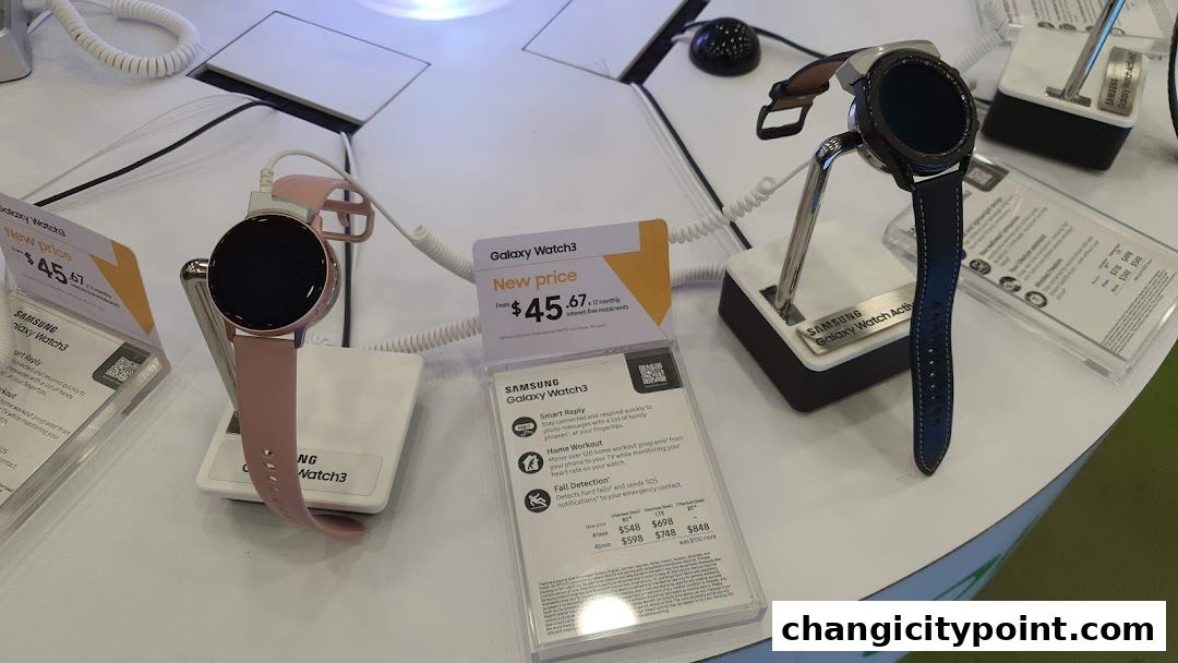 Samsung Galaxy Watch 3 smartwatches displayed with pricing and feature information.