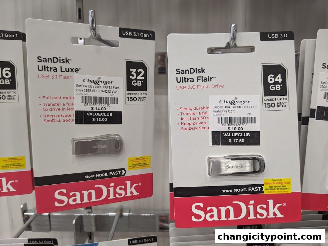SanDisk USB flash drives displayed for sale at Challenger Changi City Point.