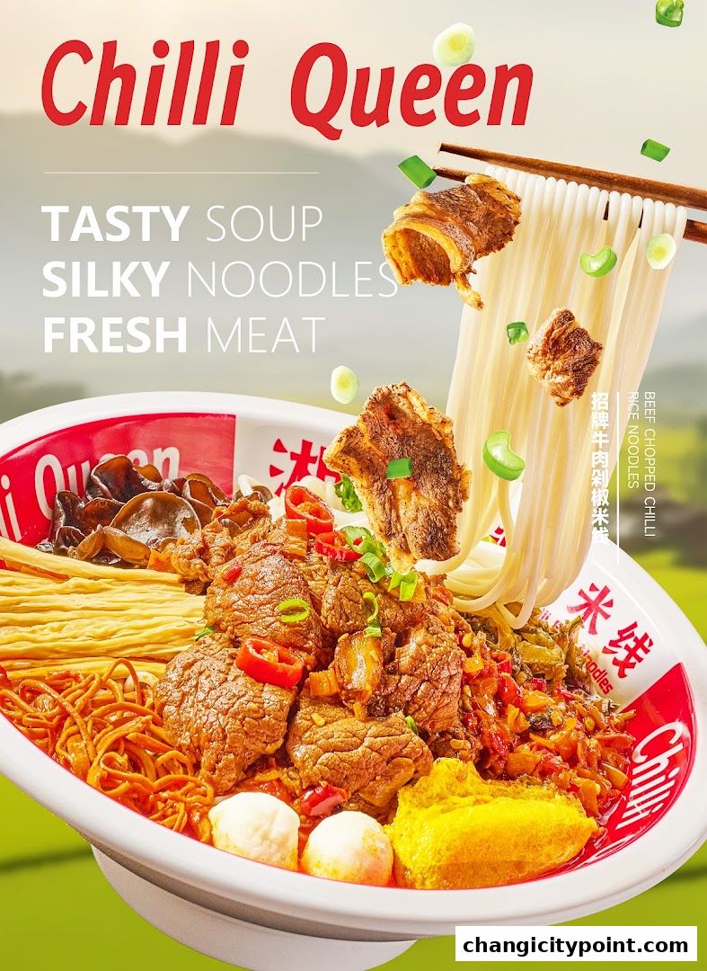 A close-up of a delicious bowl of rice noodles with beef, chili, and fresh ingredients.