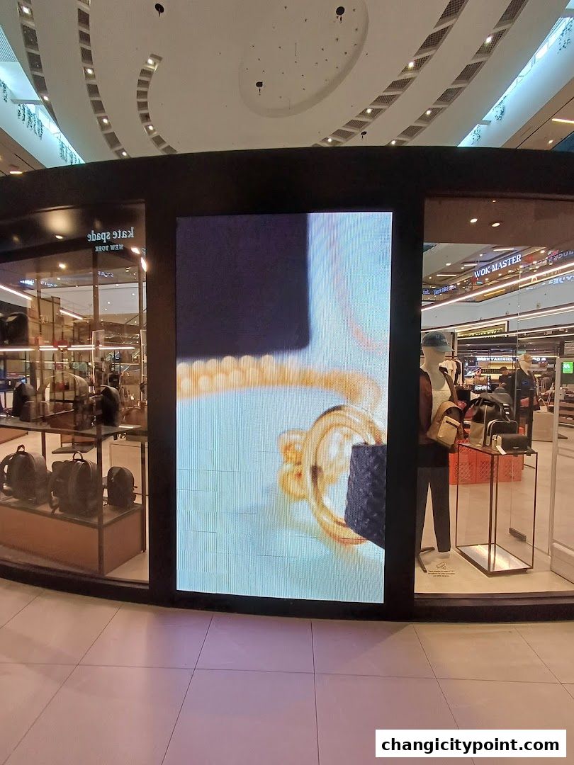 Coach Outlet store display with a digital screen showing a close-up of a handbag accessory.