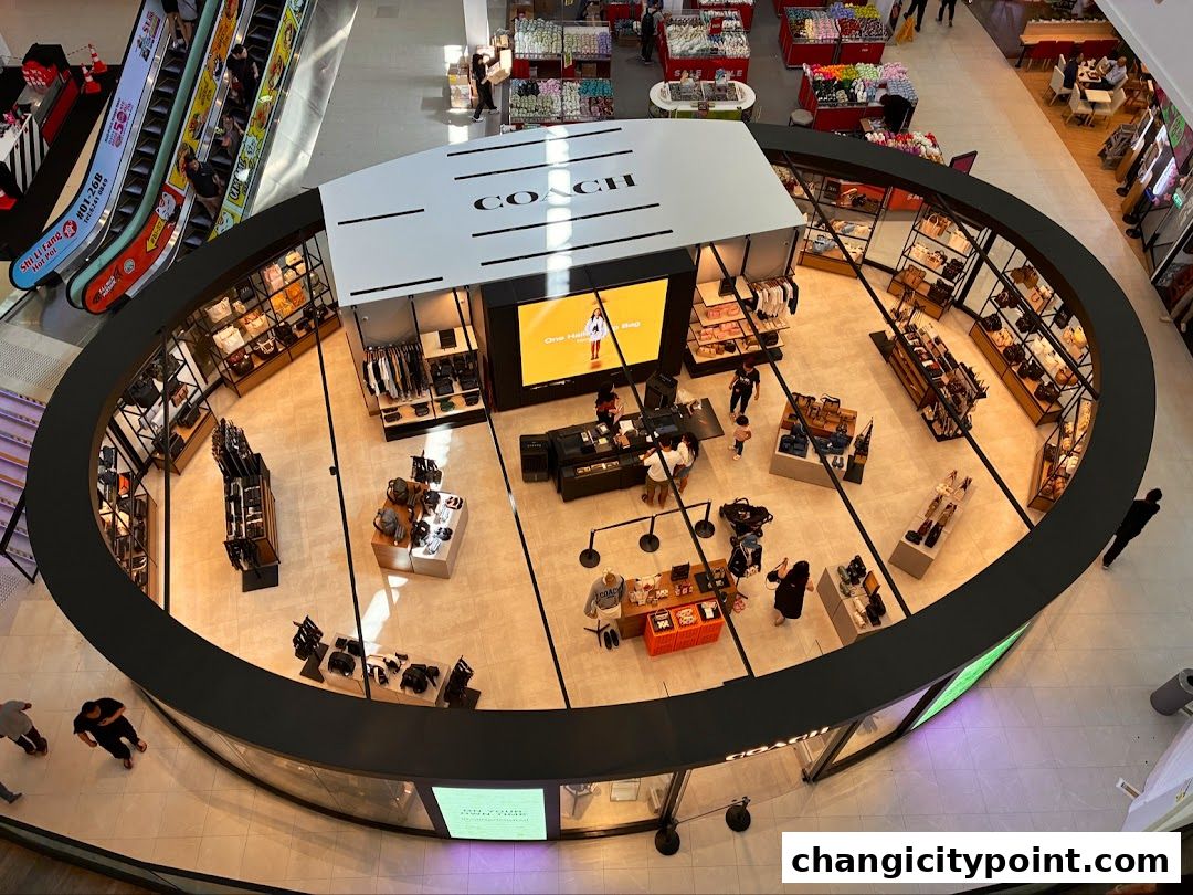 An aerial view of the Coach Outlet store showcasing handbags, apparel, and accessories.