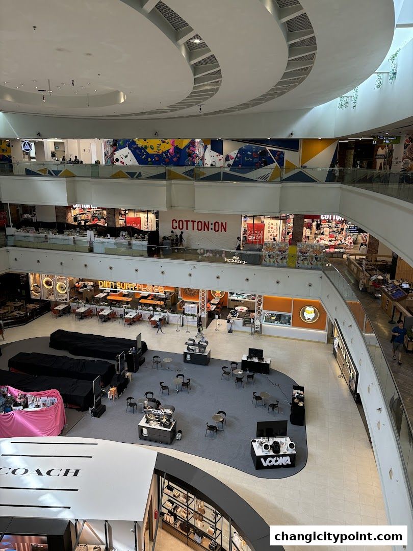 An aerial view of a shopping mall interior with various shops and seating areas.