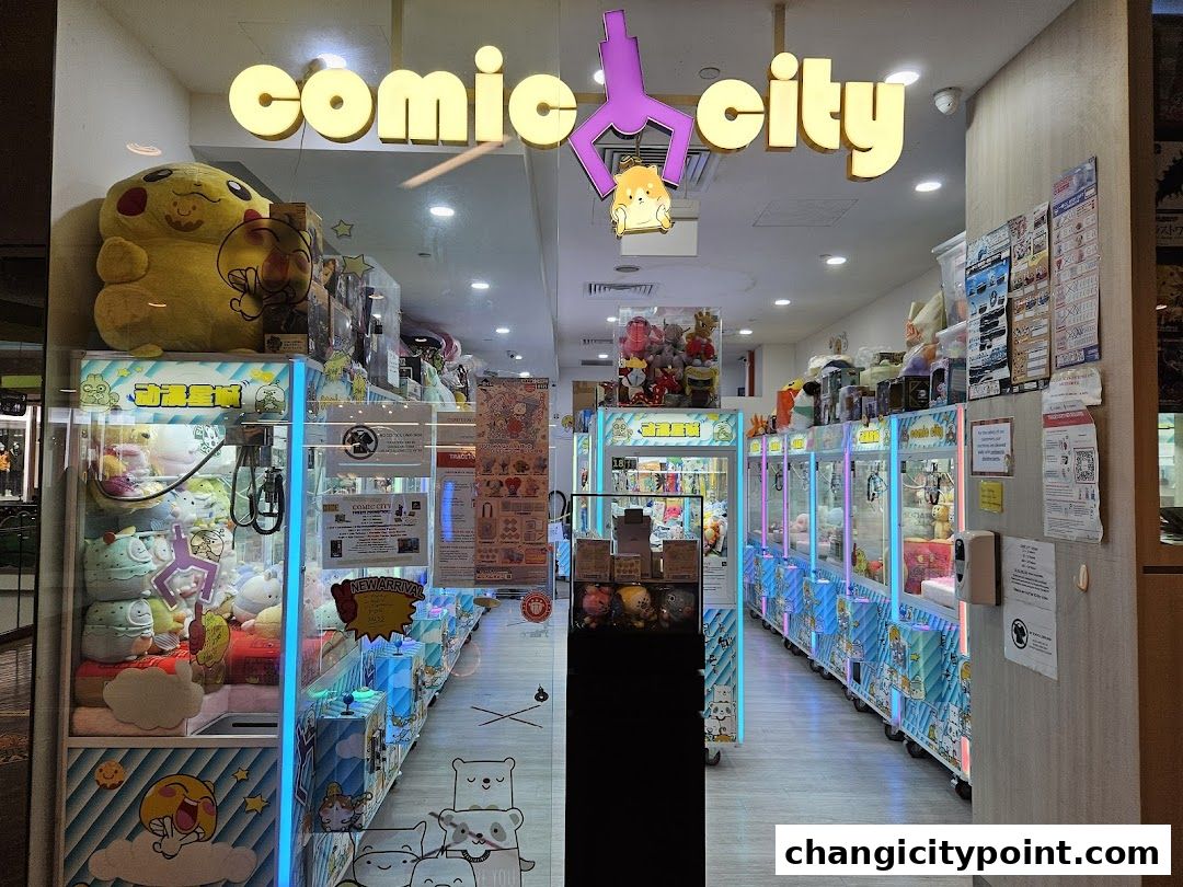 The entrance of Comic City, a shop filled with plush toys and claw machines.