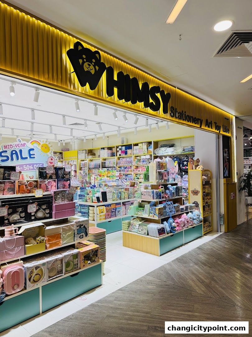 The exterior of a brightly lit shop called WHIMSY, selling stationery, art, and toys.