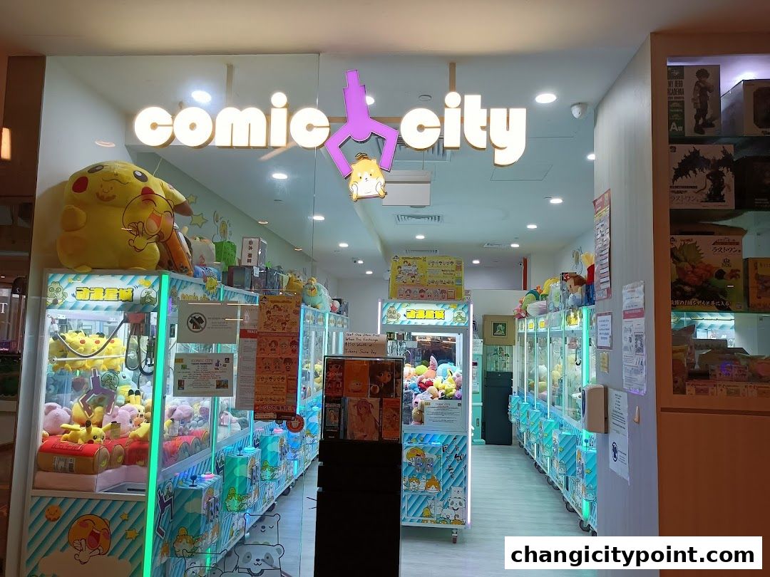 The entrance of Comic City, a shop filled with plush toys and anime merchandise.