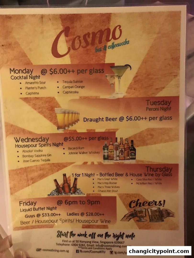 A menu for Cosmo bar & coffeeworks featuring daily drink specials and a liquid buffet night.
