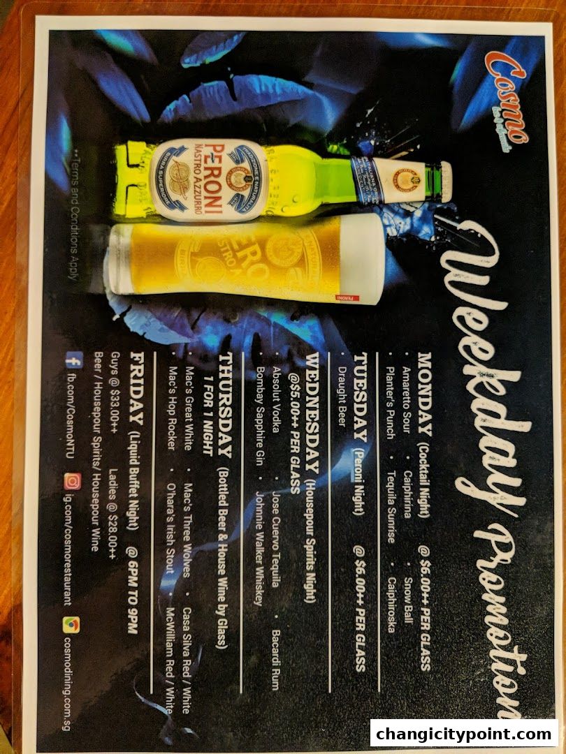 A menu for Cosmo Restaurant featuring weekday promotions on drinks and buffets.