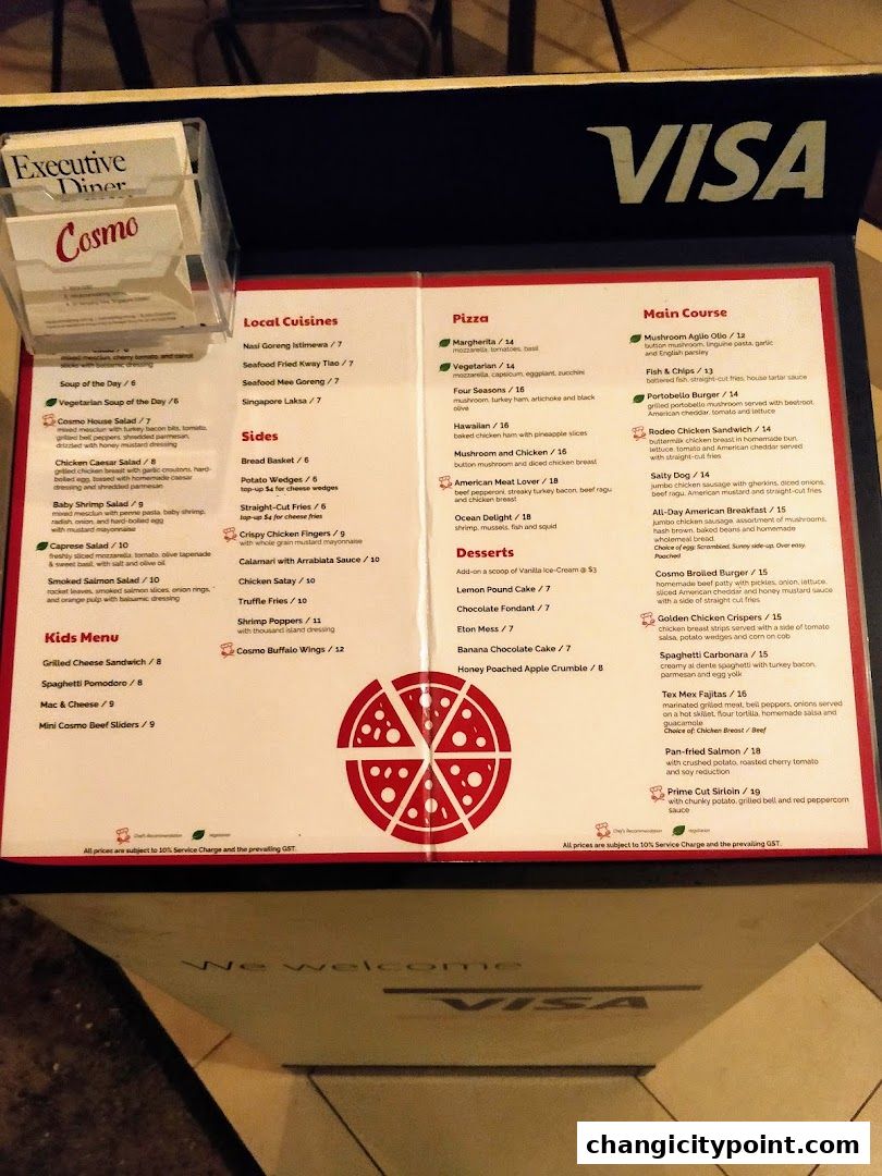 A menu from Cosmo Restaurant at Dorsett Changi City Singapore, featuring local cuisines, pizza, main courses, and desserts.