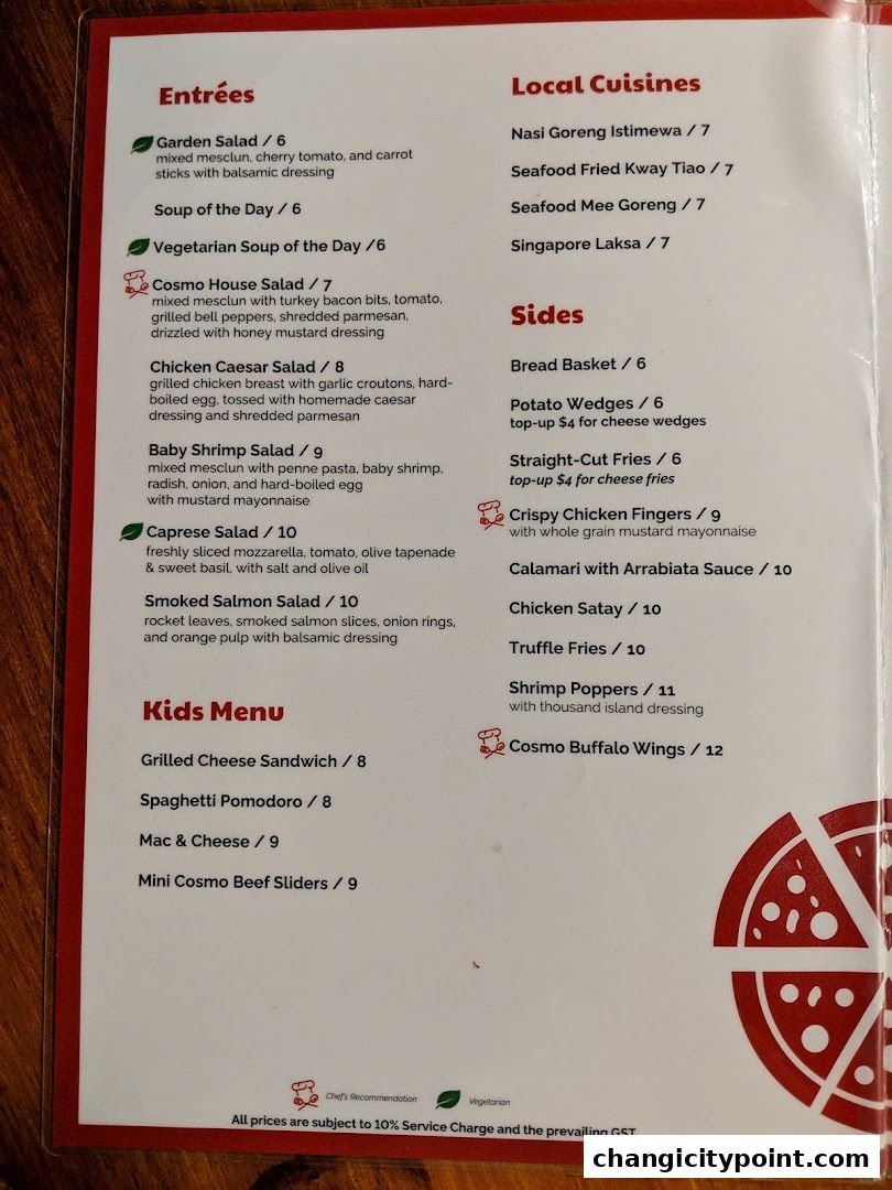 A menu from Cosmo Restaurant featuring entrees, local cuisines, sides, and kids' meals.