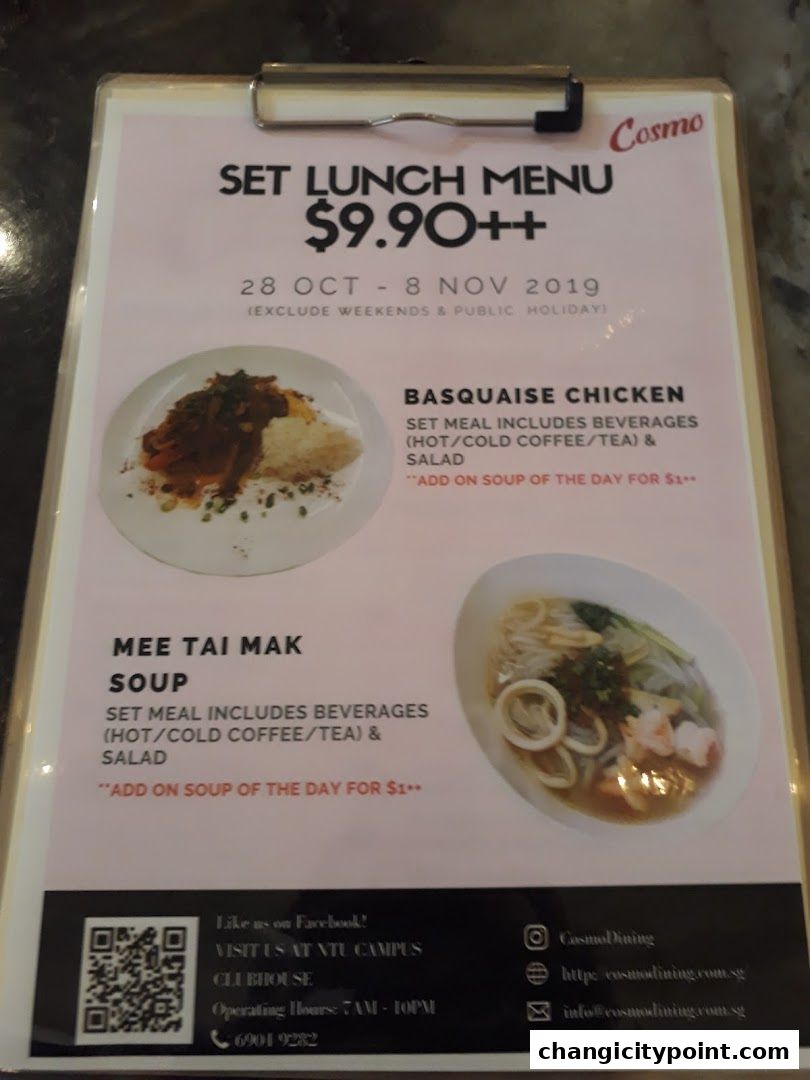 A set lunch menu from Cosmo Restaurant featuring two meal options and pricing.