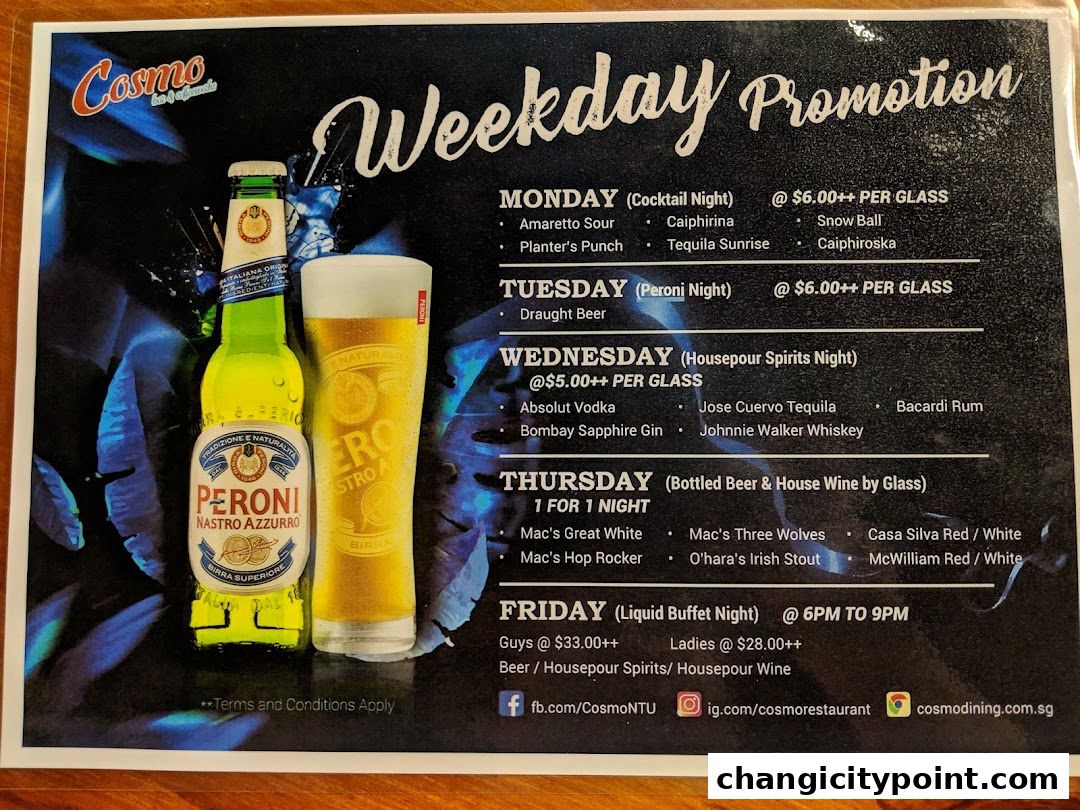 Cosmo Restaurant's weekday promotion featuring daily drink specials and a Friday buffet.