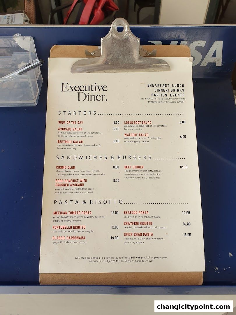 A menu from Executive Diner featuring starters, sandwiches, burgers, pasta, and risotto.