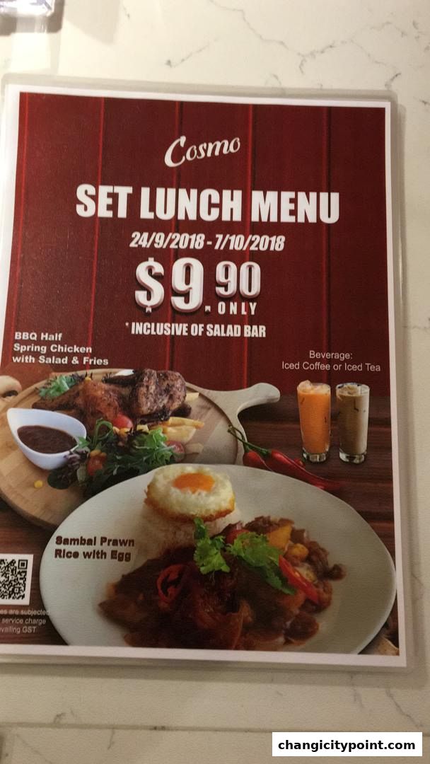 A menu for Cosmo's Set Lunch, featuring BBQ Half Spring Chicken and Sambal Prawn Rice.