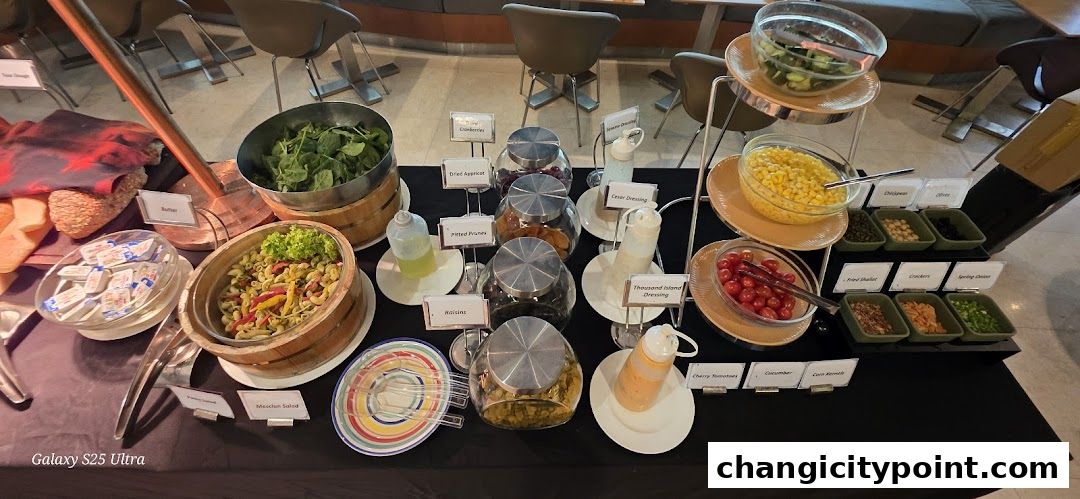 A buffet spread featuring salads, dressings, and various toppings for a meal.