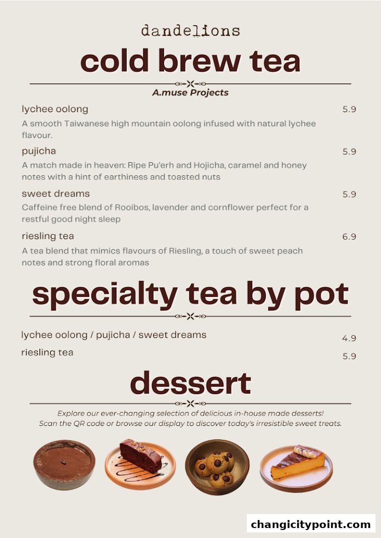 A menu for Dandelions featuring cold brew tea, specialty tea by pot, and desserts.