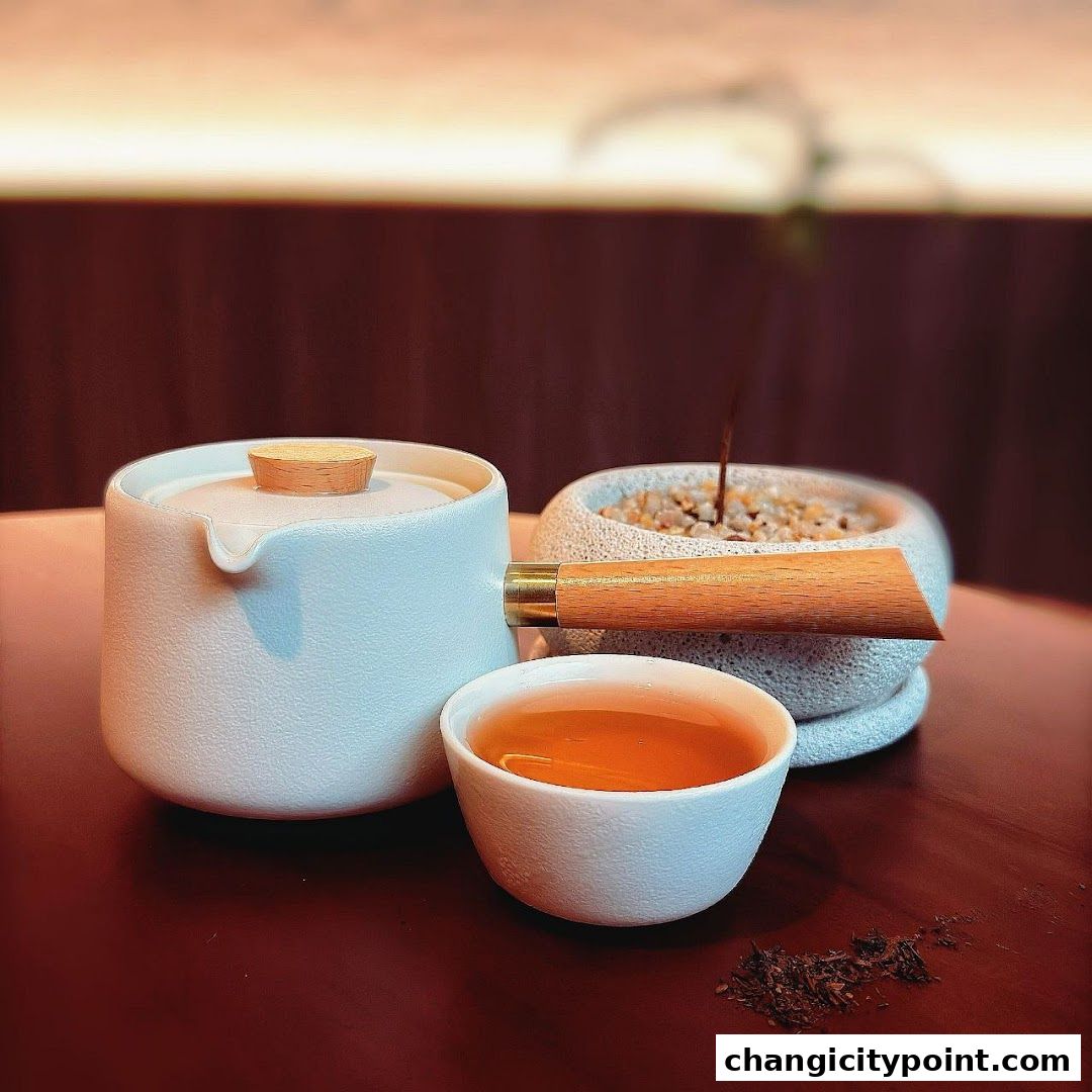 A white teapot and cup filled with amber tea, next to a decorative pot.
