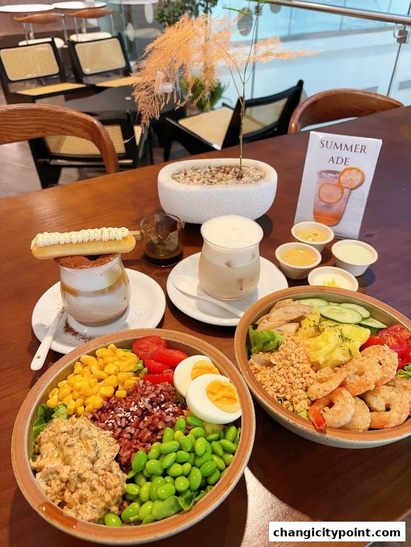 Two healthy salads and drinks are served on a wooden table at Dandelions cafe.